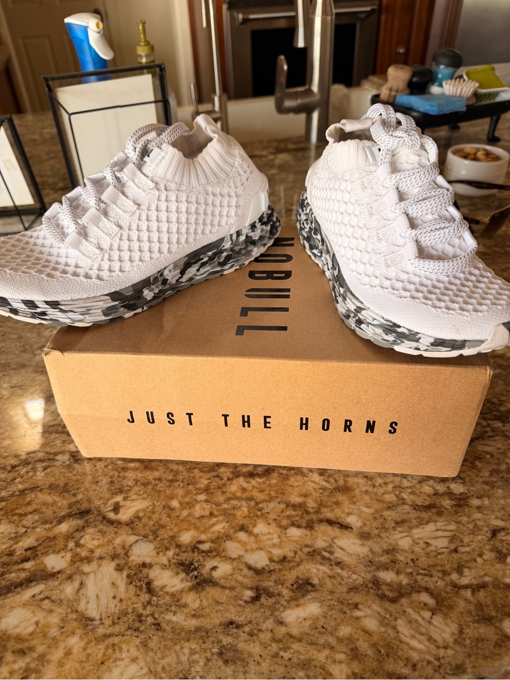 NOBULL Kids White Knit Slip-On Sneakers with Black & Gray Camo Sole
